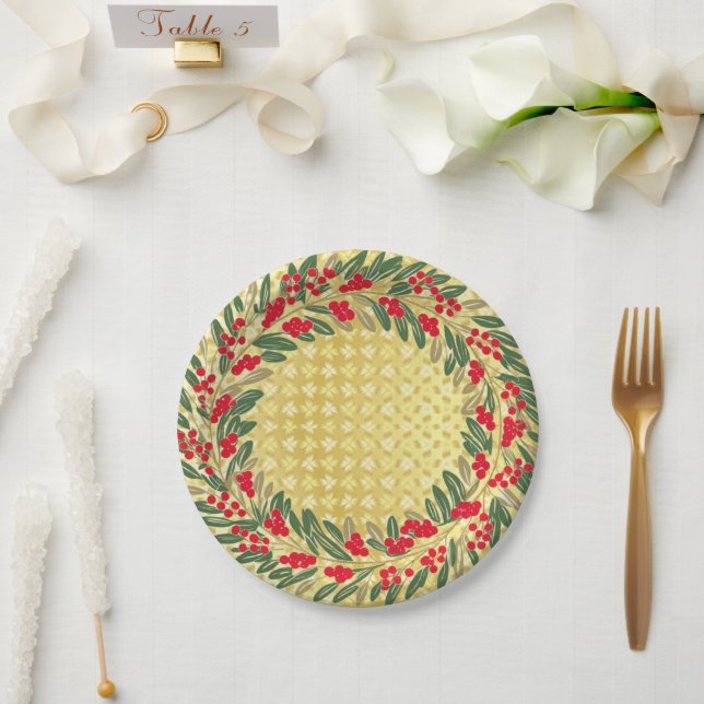 Assiettes En Carton Elégante couronne rouge Holly Berries or de Noël (Mariage)