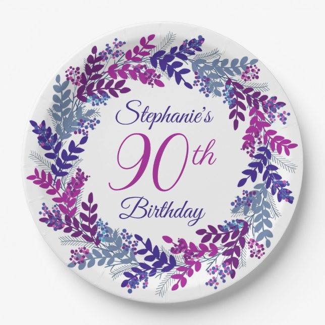 Assiettes En Carton Élégante couronne violette rose 90e anniversaire (Devant)