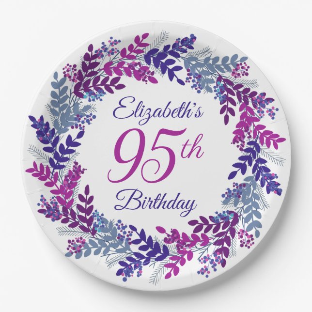 Assiettes En Carton Élégante couronne violette rose 95e fête d'anniver (Devant)