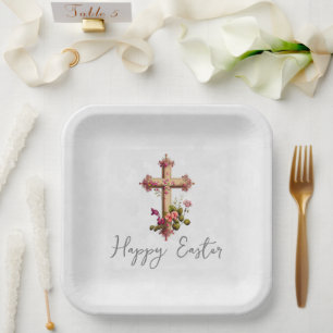 Assiettes En Carton Elégante Croix en bois aux fleurs roses Pâques