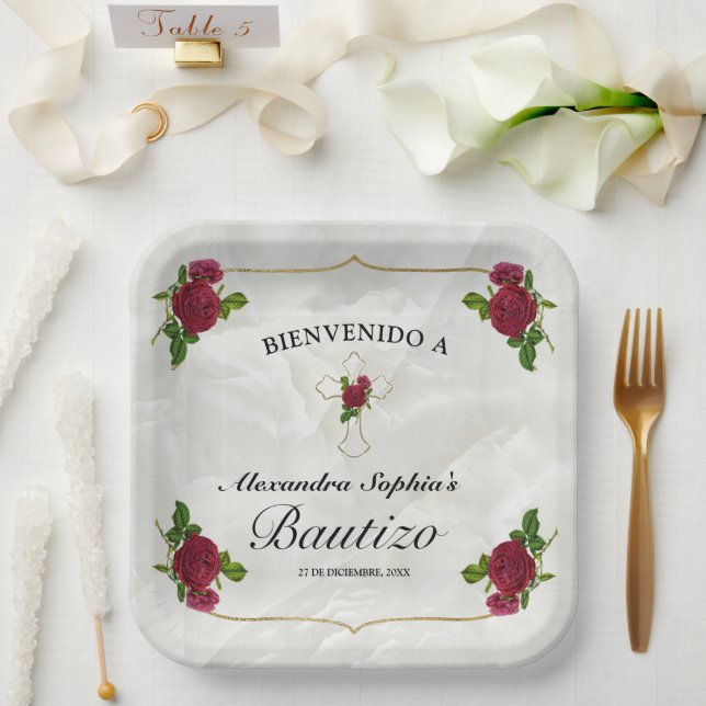 Assiettes En Carton Elegante Cruz Dorada Rosas Rojas Niñas Bautizo (Mariage)
