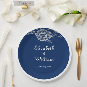 Assiettes En Carton Elégante dentelle florale sur Mariage bleu marine