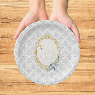Assiettes En Carton Élégante douche de mariée bleu et or damassé