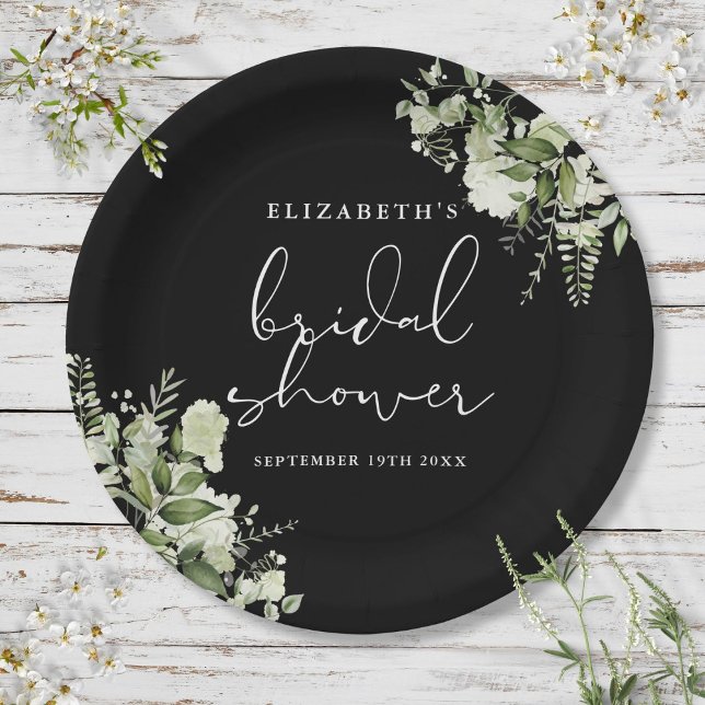 Assiettes En Carton Élégante douche de mariée verte en noir et blanc (Greenery Elegant Black And White Bridal Shower Paper Plates)