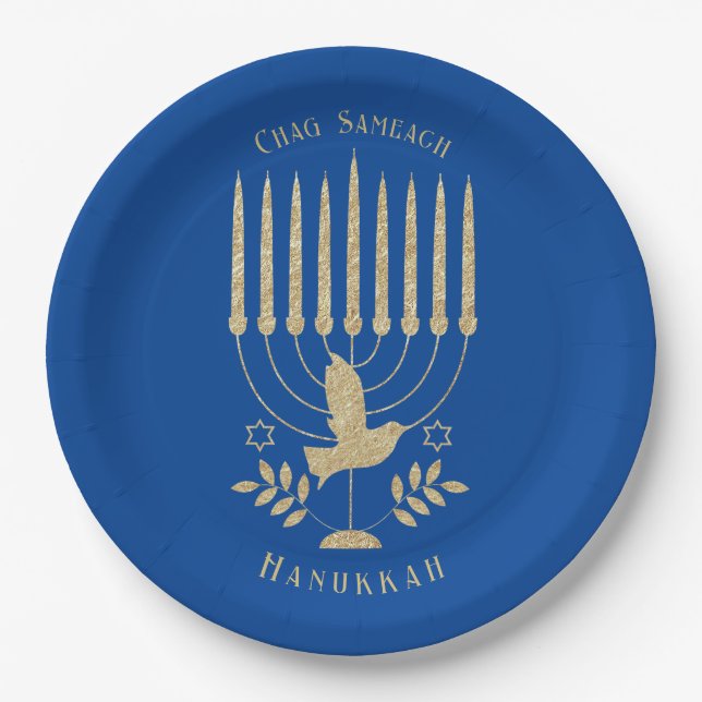 Assiettes En Carton Elégante Dove Flying Dove Menorah Blue Hanoukka (Devant)