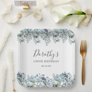 Assiettes En Carton Elégante Dusty Blue Floral 100e Anniversaire Perso
