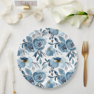 Assiettes En Carton Elégante Dusty Blue Floral et White Round Party