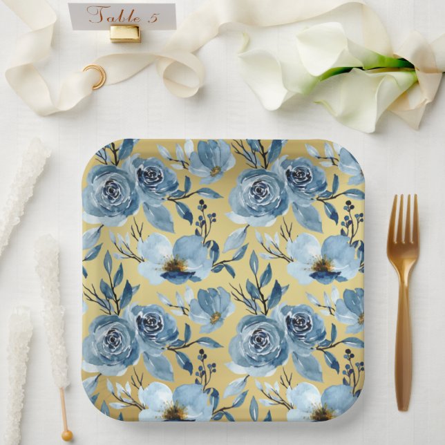 Assiettes En Carton Elégante Dusty Blue Floral & Gold Carré Party (Mariage)