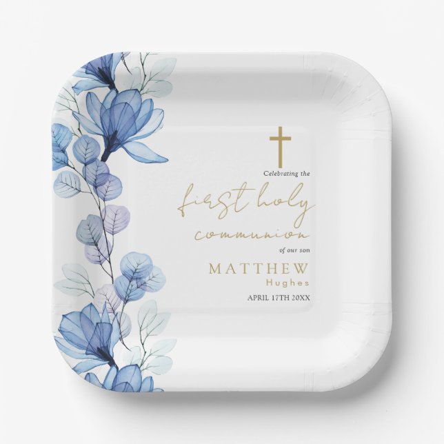 Assiettes En Carton Elégante Dusty Blue Floral Première Communion Sain (Recto)
