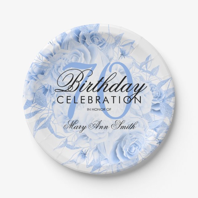 Assiettes En Carton Elégante fête d'anniversaire 70e Floral Navy Blue (Devant)