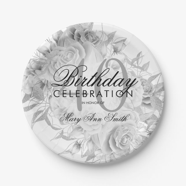 Assiettes En Carton Elégante fête de 40e anniversaire Floral Silver Wh (Devant)