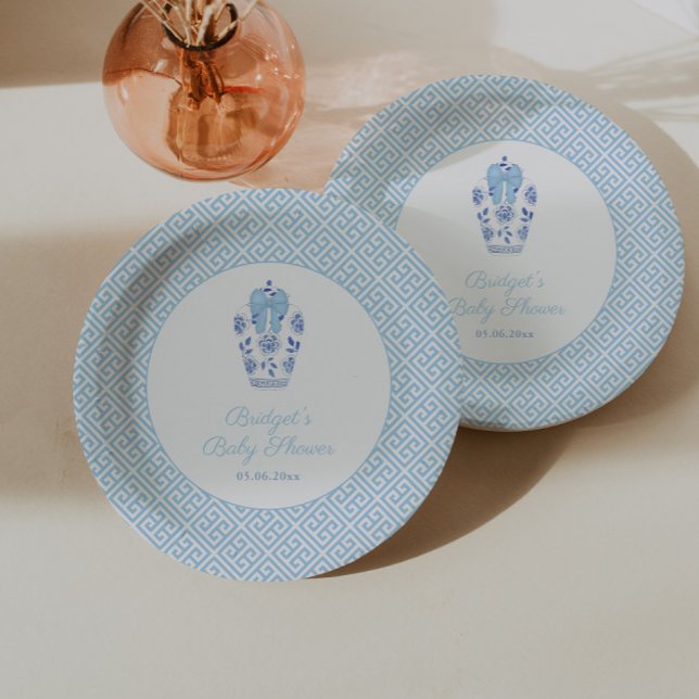Assiettes En Carton Élégante fête de Baby shower de gingembre Jar Blue (Chinoiserie chic blue and white ginger jar with baby blue bow baby shower or baptism paper plates)