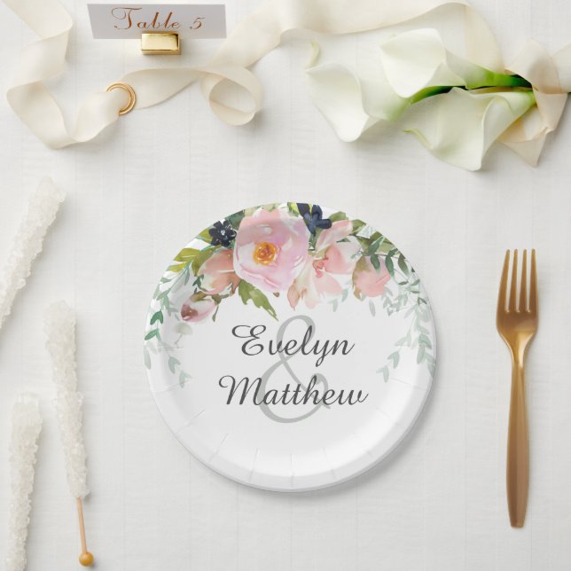 Assiettes En Carton Elégante Fête des mariées de bouquet rose pâle (Mariage)
