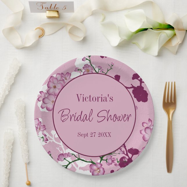 Assiettes En Carton Élégante Fête des mariées de fleurs de cerises ros (Mariage)