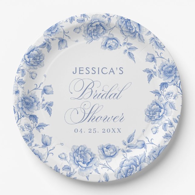 Assiettes En Carton Elégante Fête des mariées Floral Blue Chinoiserie (Devant)
