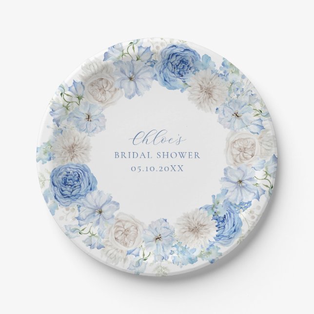 Assiettes En Carton Elégante Fête des mariées Florale Bleue (Devant)
