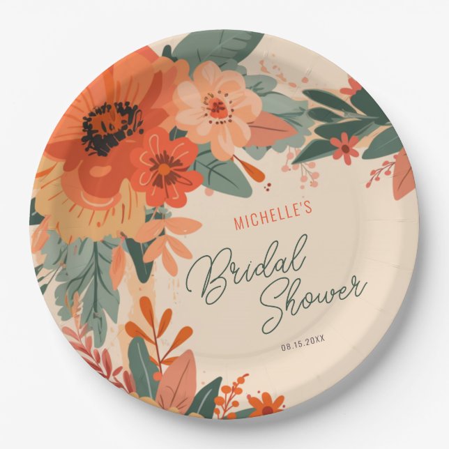 Assiettes En Carton Élégante Fête des mariées florale en terre cuite (Devant)