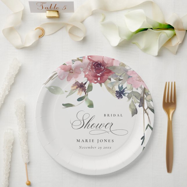 Assiettes En Carton Elégante Fête des mariées florale Rose Dusky (Mariage)