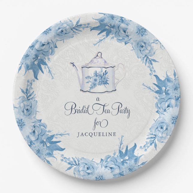 Assiettes En Carton Elégante Fête des mariées Tea Party Dusty Blue Flo (Devant)