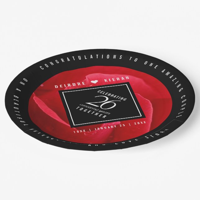 Assiettes En Carton Élégante fête du 26e anniversaire du Mariage Rose (Angle)