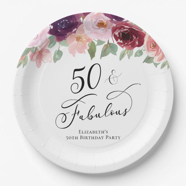 Assiettes En Carton Élégante fête du 50e anniversaire de la florale (Devant)