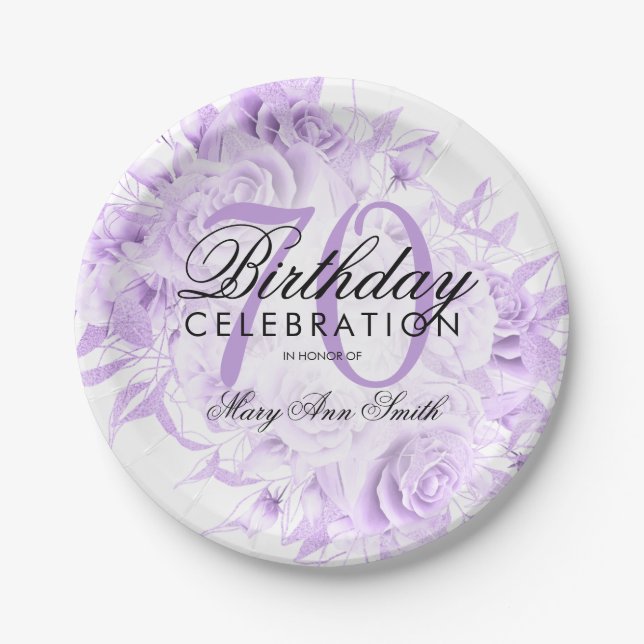 Assiettes En Carton Élégante fête du 70e anniversaire Floral Purple (Devant)