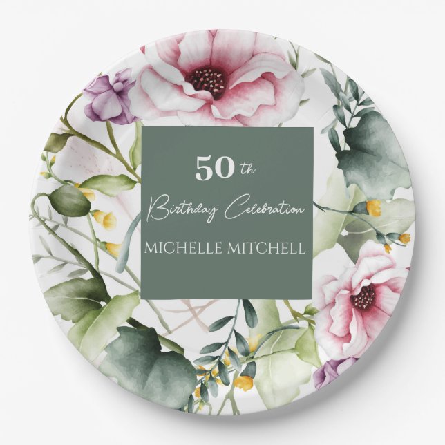 Assiettes En Carton Élégante fête florale personnalisée 50e anniversai (Devant)