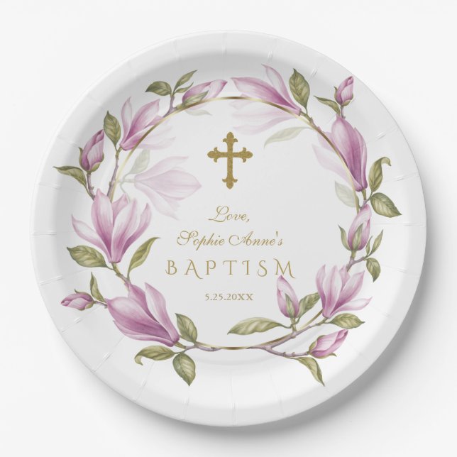 Assiettes En Carton Élégante Fleurs de Magnolia Rose Wreath Gold Bapti (Devant)