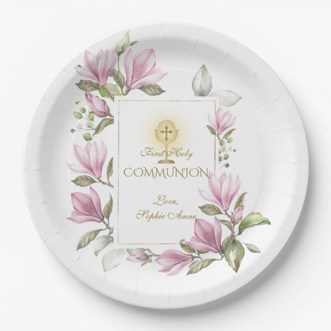 Assiettes En Carton Elégante Fleurs Magnolia Or Première Communion Sai (Devant)