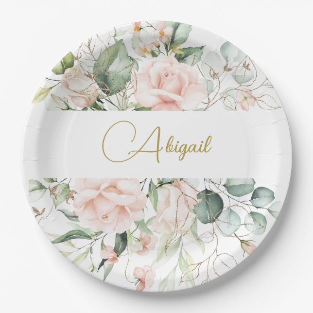 Assiettes En Carton Élégante Floral Personnelle Roses Roses Roses Rose (Devant)
