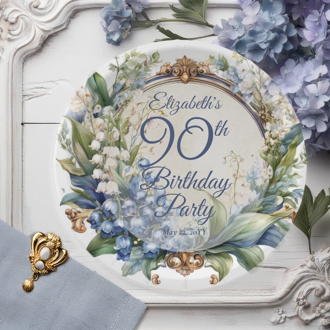 Assiettes En Carton Elégante Frame Florale Baroque 90e Anniversaire (Elegant Baroque Lily of the Valley and Hawthorn Floral Frame 90th Birthday Party Paper Plates)