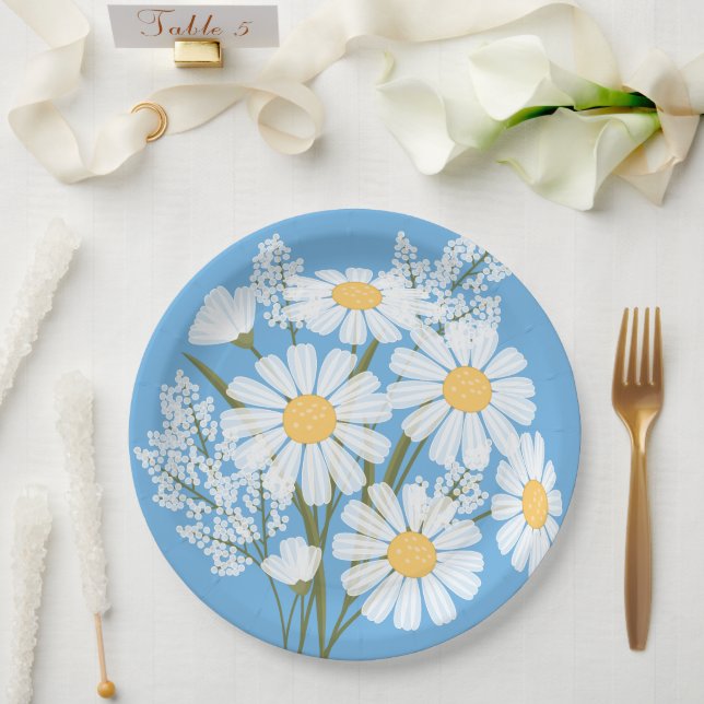 Assiettes En Carton Elégante marguerite florale blanche sur bleu (Mariage)