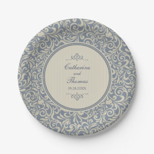 Assiettes En Carton Elégante Mariage Motif baroque beige et bleu