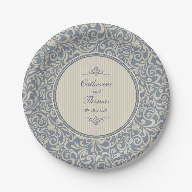 Assiettes En Carton Elégante Mariage Motif baroque beige et bleu (Devant)