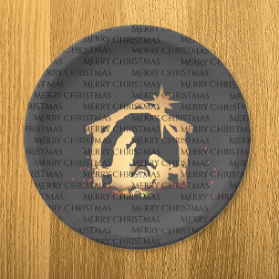 Assiettes En Carton Élégante Nativité Argent Noir Joyeux Noël