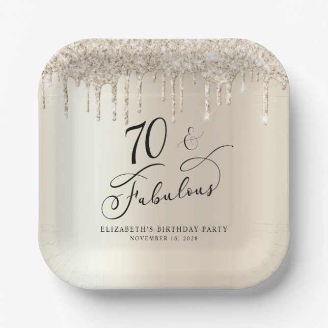Assiettes En Carton Elégante Parties scintillant d'or 70e fête d'anniv (Recto)