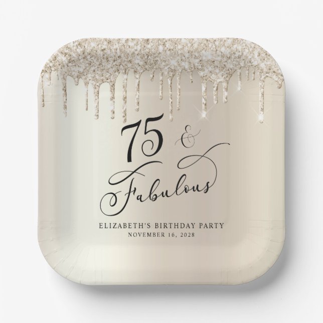 Assiettes En Carton Elégante Parties scintillant d'or 75e fête d'anniv (Recto)