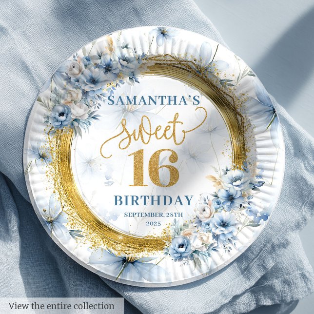 Assiettes En Carton Elégante Parties scintillant en or de Sweet sixtee (Elegant Dusty Blue Sweet Sixteen Gold Glitter Paper Plates)