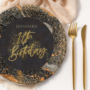 Assiettes En Carton Elégante Parties scintillant Noir et Or 16ème anni