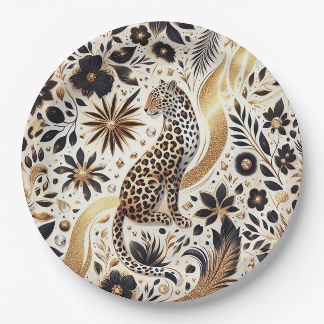 Assiettes En Carton Élégante parties scintillant noir et or Leopard (Devant)