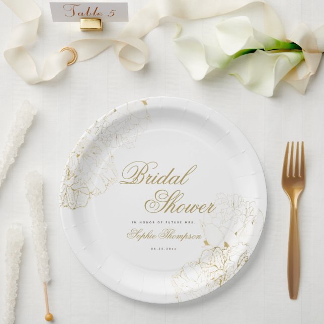 Assiettes En Carton Elégante Peonies d'or Fête des mariées de croquis  (Mariage)