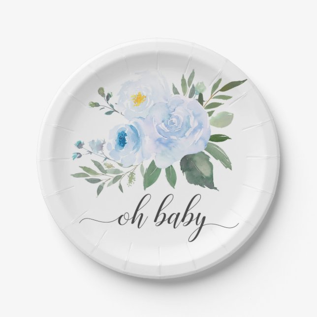 Assiettes En Carton Élégante plaque de Baby shower Oh Floral Bleu (Devant)