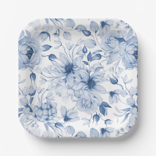 Assiettes En Carton Élégante plaque de papier Mariage bleu floral (Recto)
