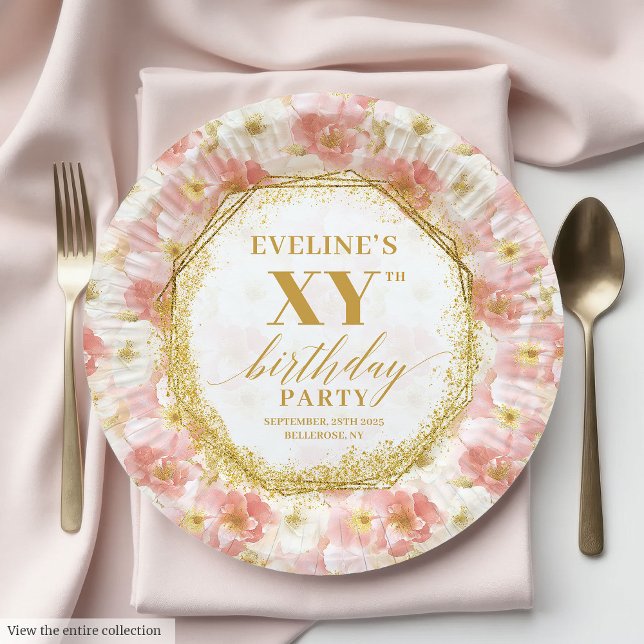 Assiettes En Carton Élégante Plaques de papier d'anniversaire rose et  (Elegant Floral Dusty Pink Birthday Paper Plates

)