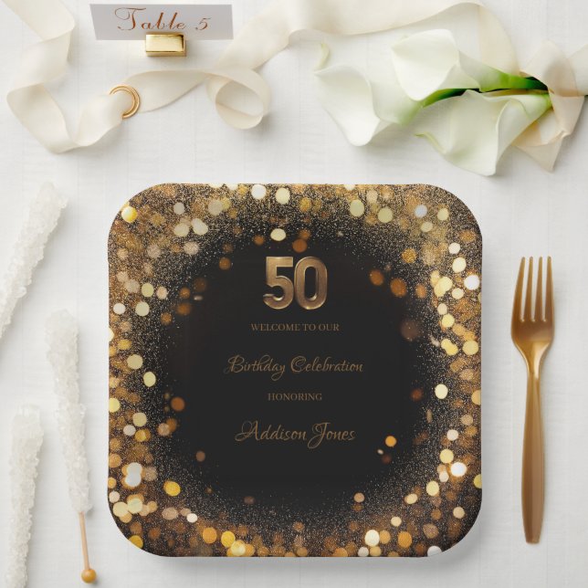 Assiettes En Carton Élégante Plaques papier 50e Anniversaire Noir & Or (Mariage)