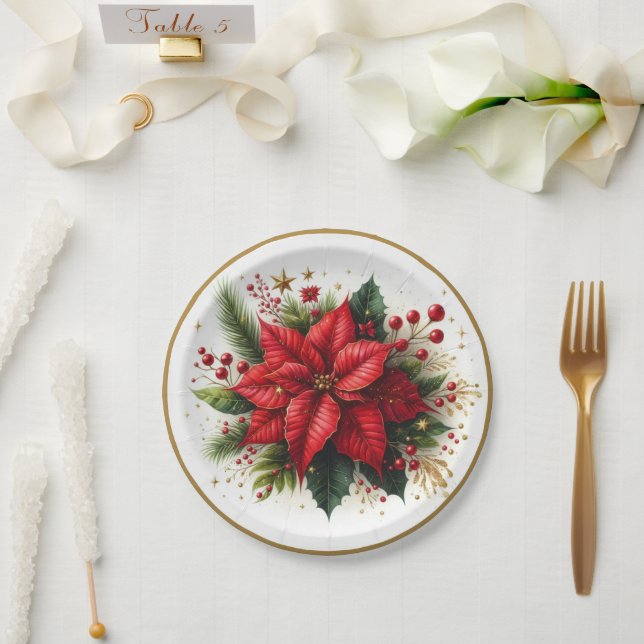 Assiettes En Carton Élégante Poinsététie de Noël Plaque de papier flor (Mariage)