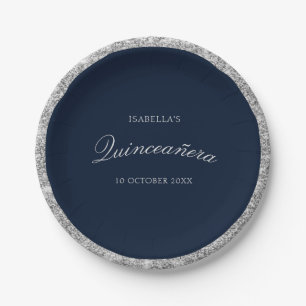 Assiettes En Carton Elégante Quinceanera argentée et marine 