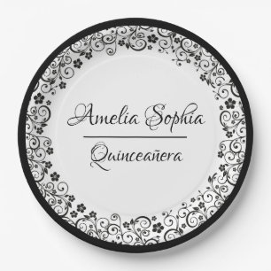 Assiettes En Carton Elégante Quinceañera Black Swirls sur blanc