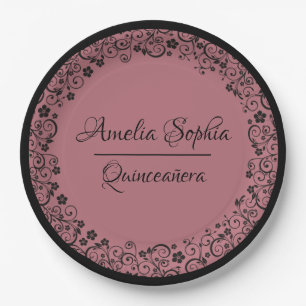 Assiettes En Carton Elégante Quinceañera Black Swirls sur or Rose