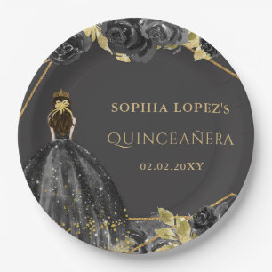 Assiettes En Carton Elégante Quinceanera Princesse Fleurie Or Noir